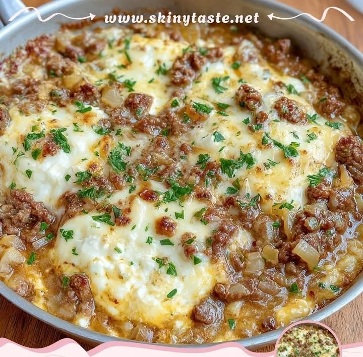 Creamy Cottage Cheese Beef Skillet served in a cast iron pan