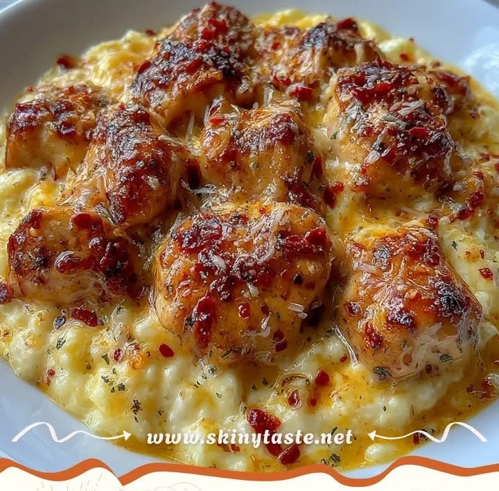 Creamy cottage cheese honey pepper chicken dish served with vegetables.