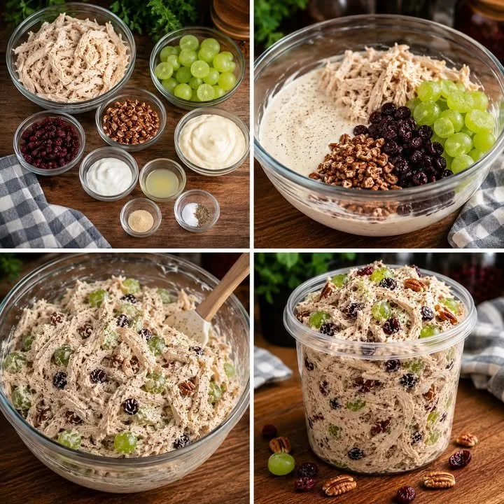 Creamy cranberry pecan chicken salad served in a bowl, garnished with cranberries and pecans