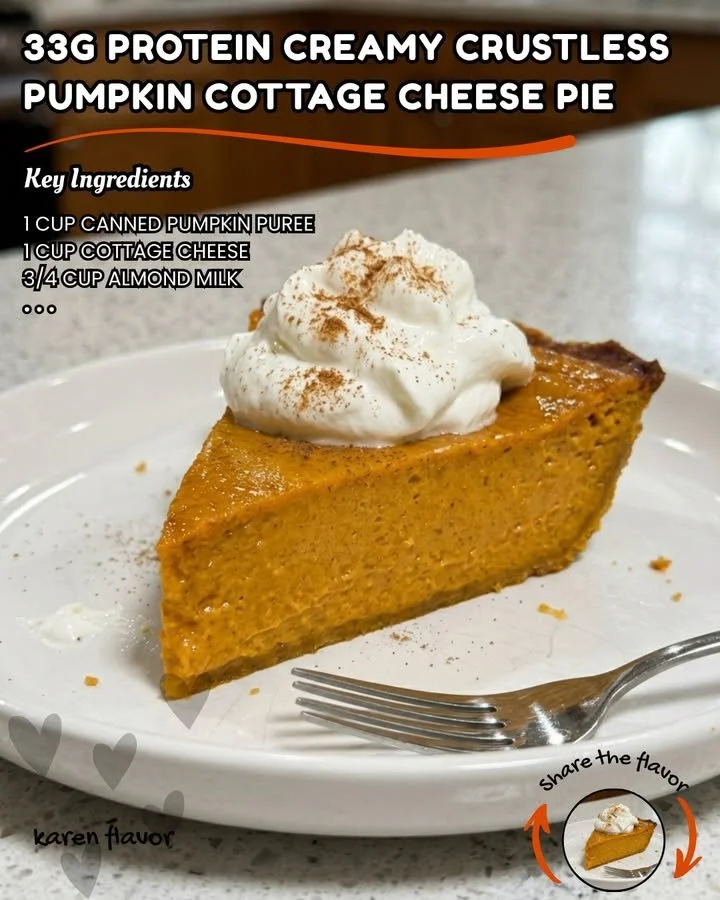 Creamy crustless pumpkin cottage cheese pie served on a plate.
