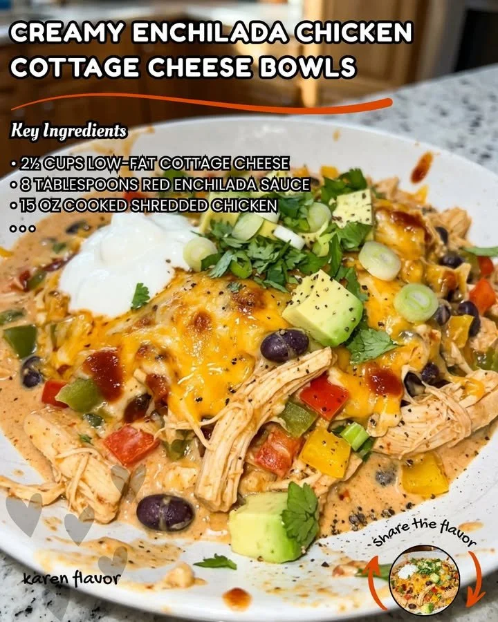 Creamy enchilada chicken cottage cheese bowls topped with fresh herbs and cheese