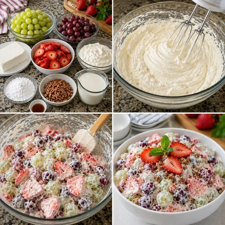 Creamy grape strawberry fruit salad in a bowl with fresh fruits