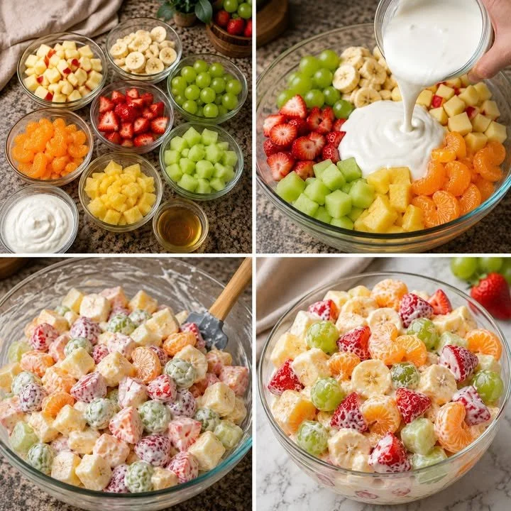 Creamy mixed fruit salad with vibrant fruits in a bowl