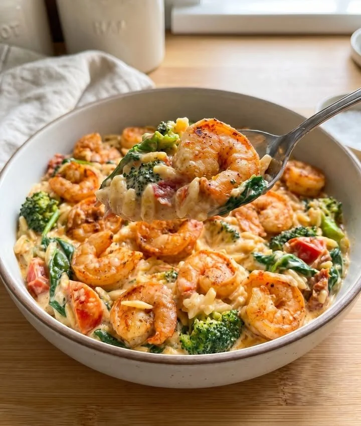 Creamy prawn orzo served in a bowl with herbs and garnishes