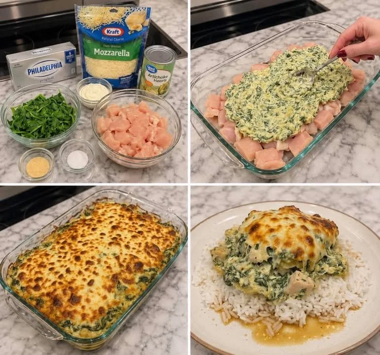 Creamy spinach dip chicken casserole topped with cheese and herbs