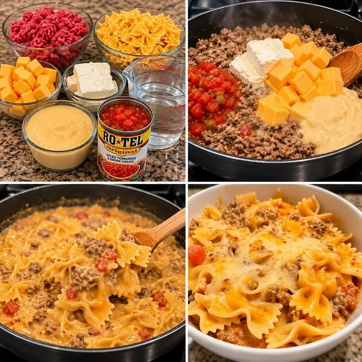 Creamy Velveeta beef and bowtie pasta served in a bowl