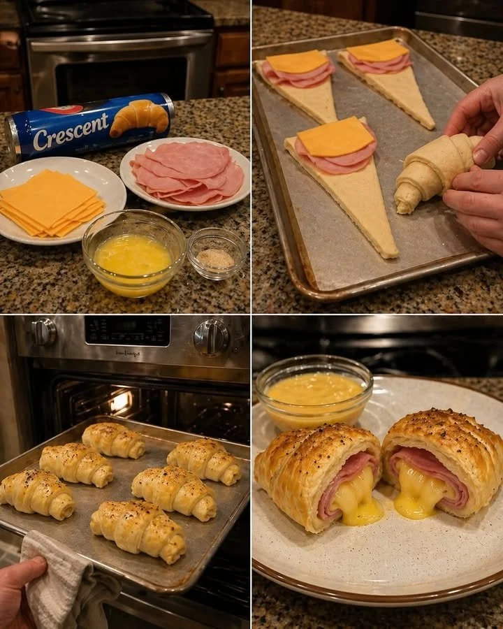 Freshly baked crescent rolls on a wooden table