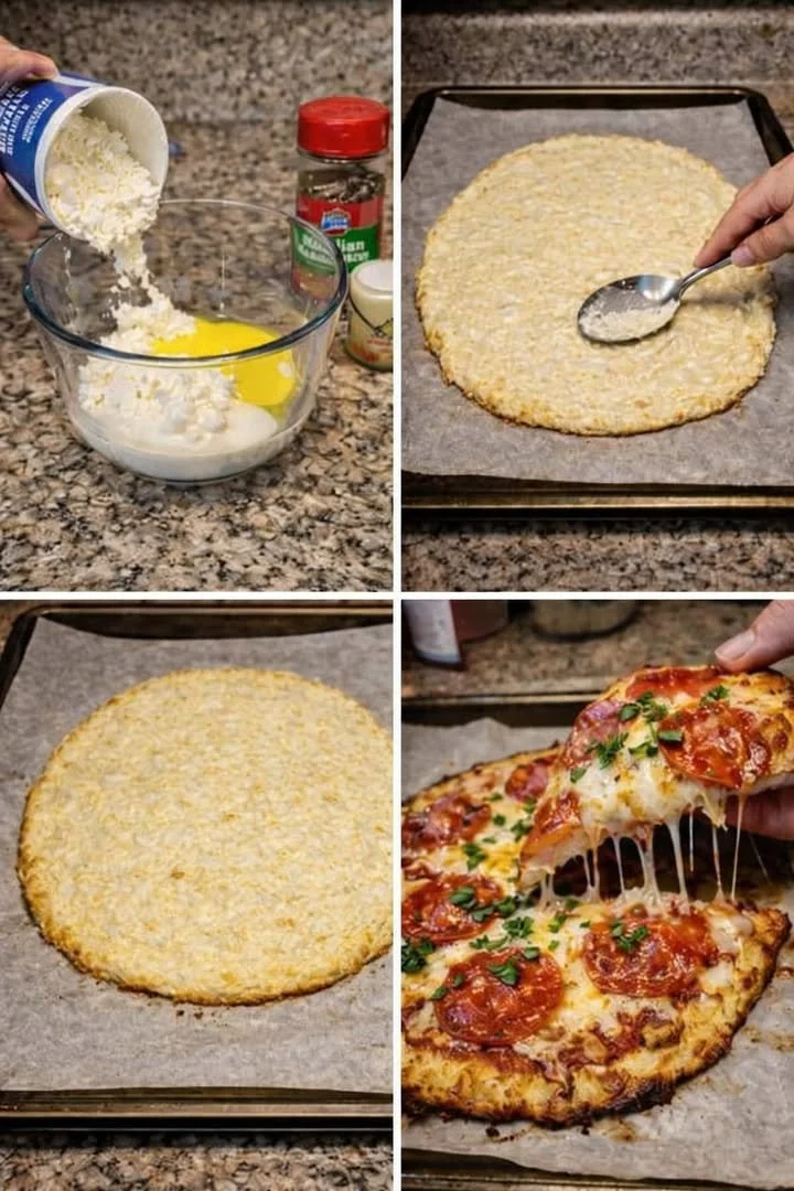 Crispy 2 ingredient cottage cheese pizza crust ready for toppings.