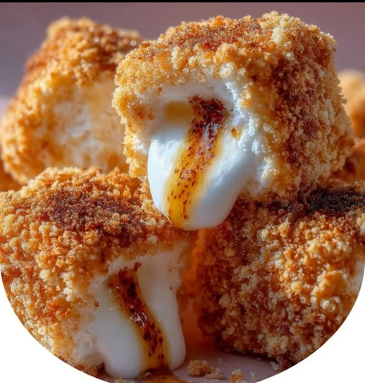 Crispy deep-fried marshmallows drizzled with chocolate sauce