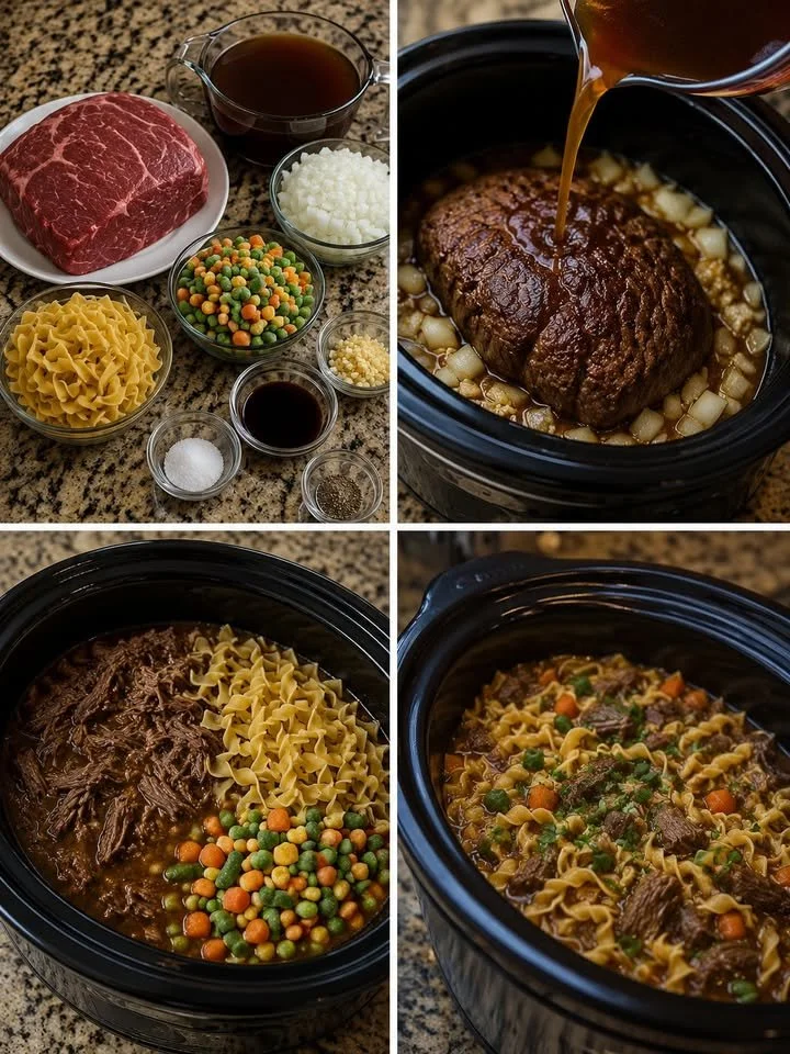 Delicious Crockpot Beef and Noodles served in a bowl