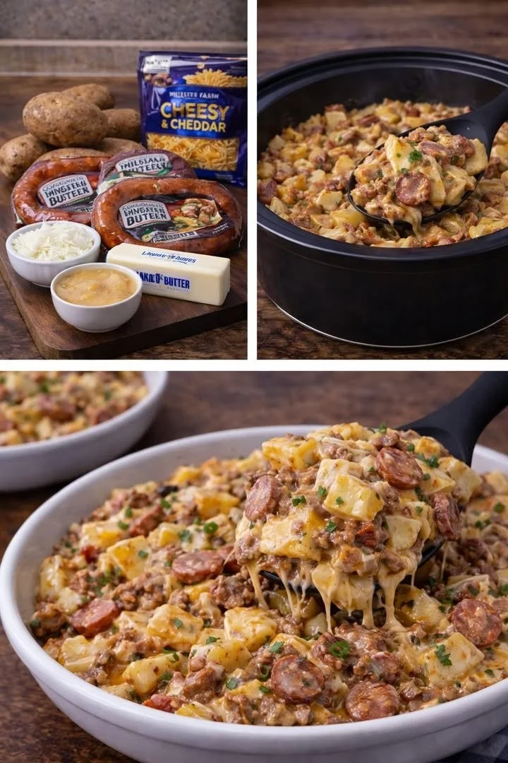 Crockpot cheesy potatoes with sausage dish served in a bowl
