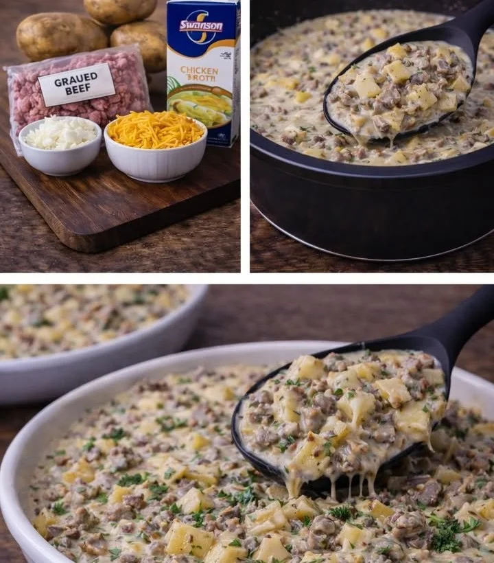 Crockpot Creamy Potato & Hamburger Soup served in a bowl with toppings