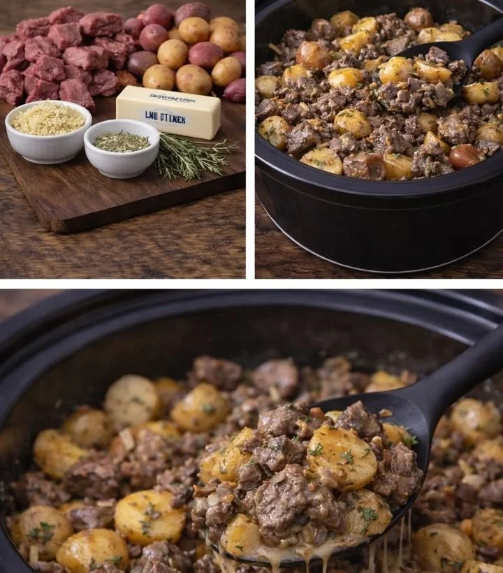 Crockpot garlic butter beef bites served with potatoes in a bowl.