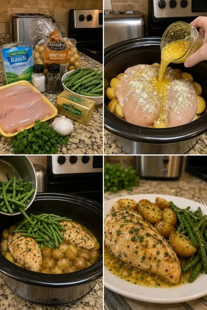 Crockpot Garlic Butter Chicken with potatoes and green beans served on a plate