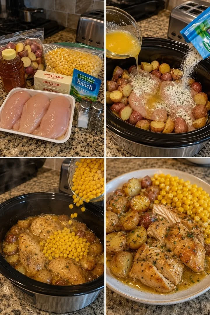Crockpot Honey Butter Chicken served with Ranch Potatoes and Sweet Corn