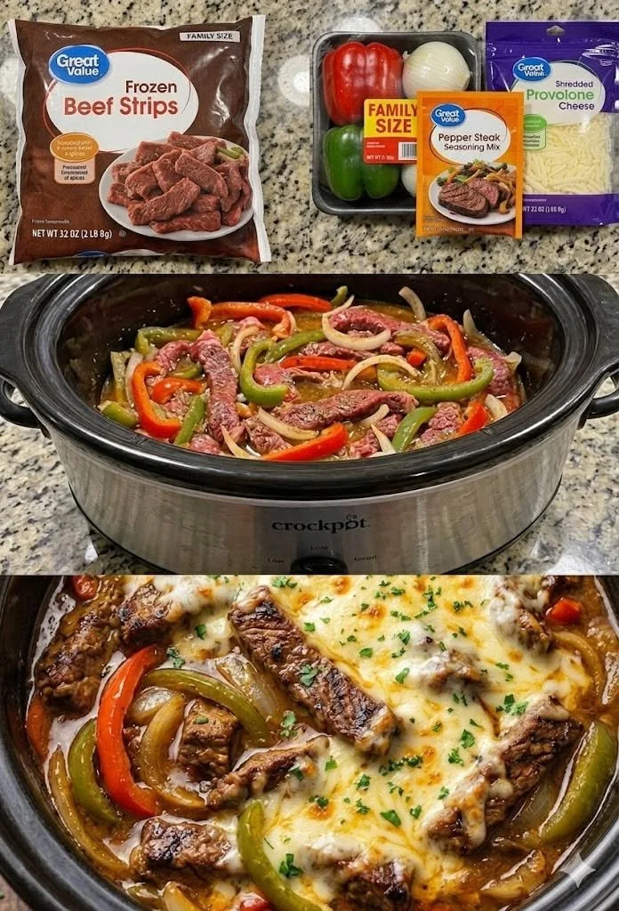 Delicious Crockpot Pepper Steak served with colorful bell peppers and rice.