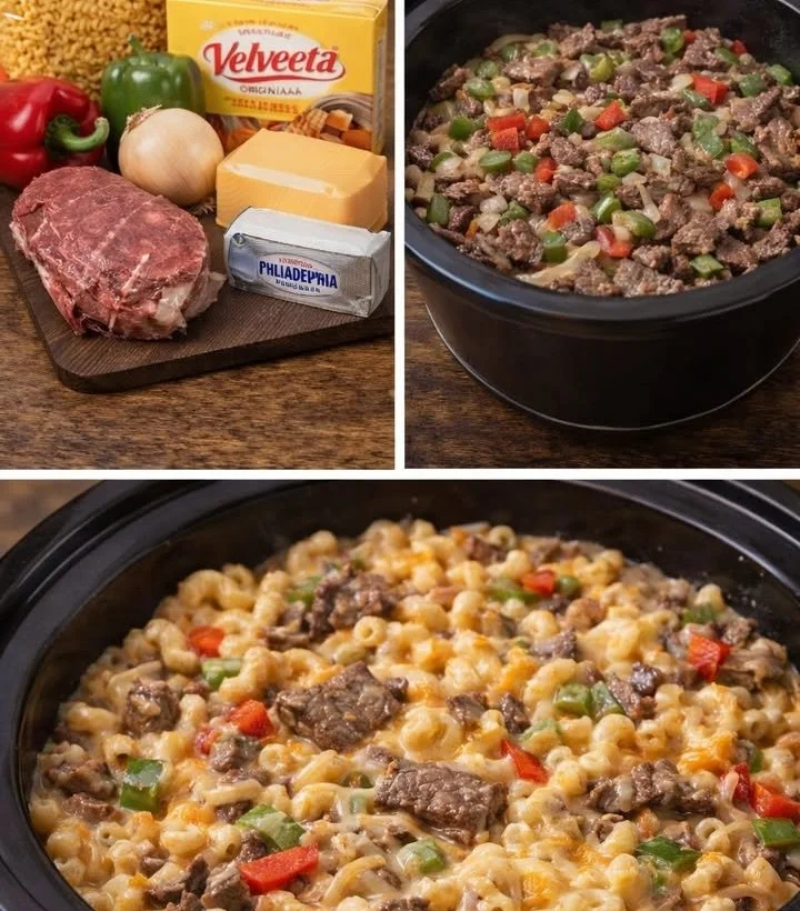 Crockpot Philly Cheesesteak Mac and Cheese topped with melted cheese and steak slices