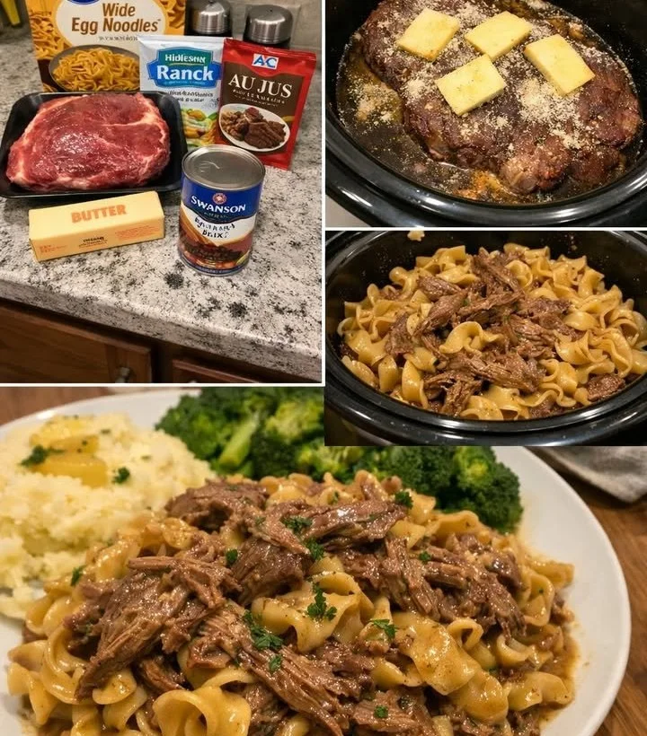 Crockpot Ranch Roast Beef served with egg noodles in a hearty meal
