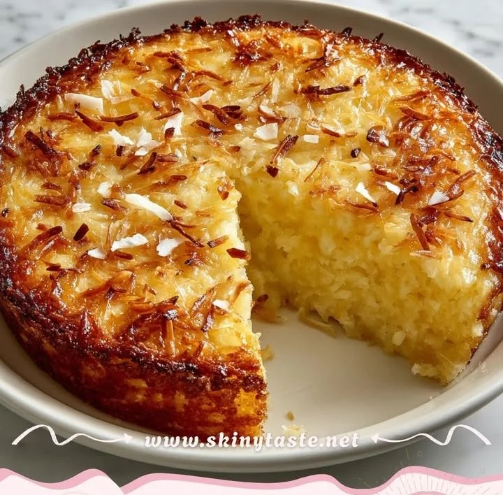 A slice of crustless coconut pie topped with whipped cream and coconut flakes