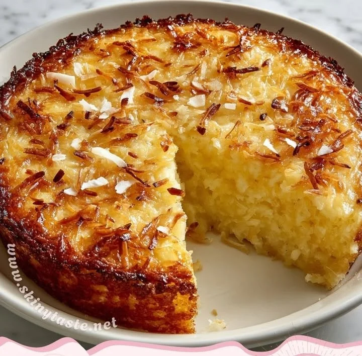 Slice of crustless coconut pie topped with whipped cream