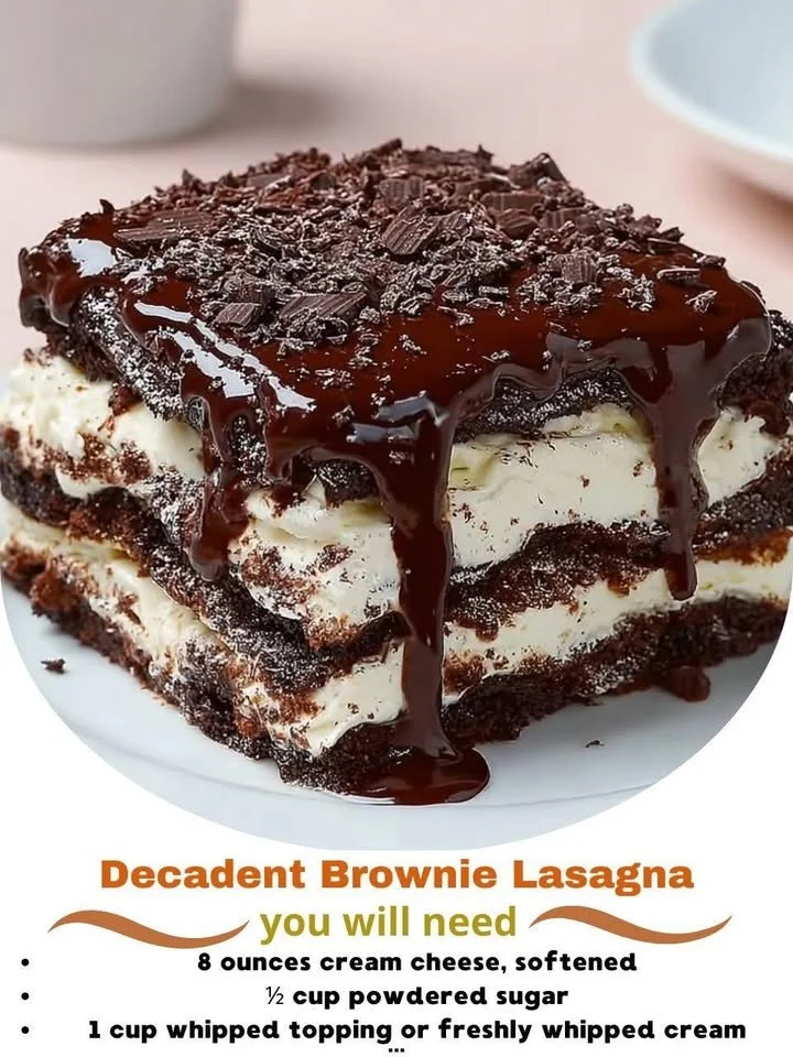 Decadent brownie lasagna with layers of chocolate brownies and creamy filling