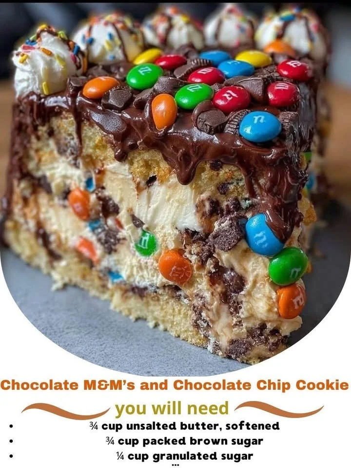 Decadent chocolate M&M's and cookie dough ice cream cake dessert