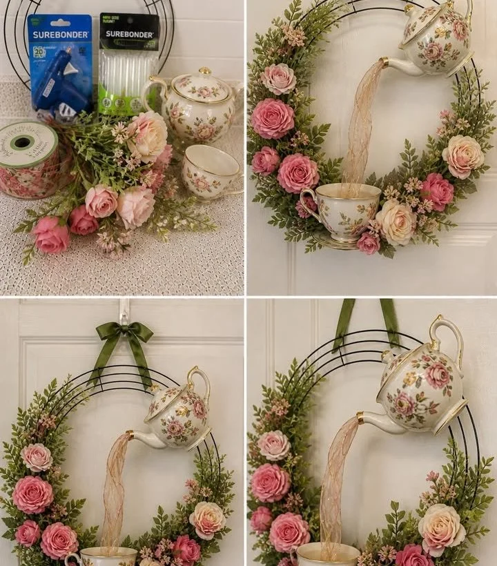 Decorative floating teapot wreath with an illusion of tea pouring into a cup