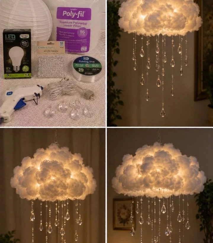 Decorative hanging lamp shaped like a glowing cloud with crystal raindrops.