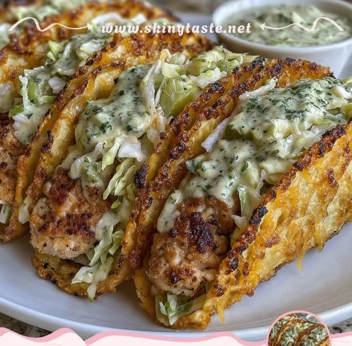 Dill Pickle Ranch Smash Chicken Tacos with Crispy Cheese Lace served on a plate