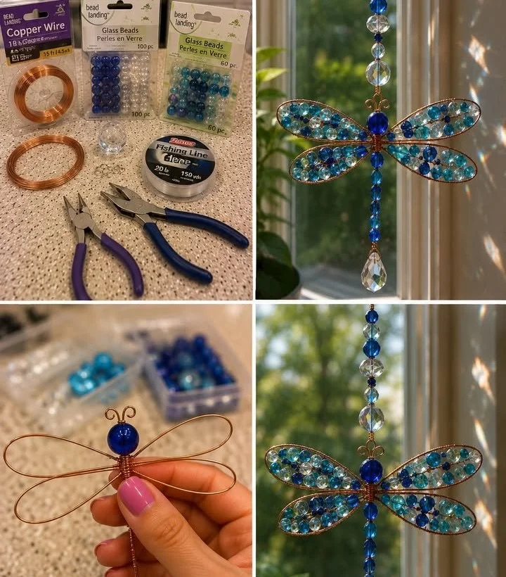 Colorful DIY beaded dragonfly suncatcher hanging in sunlight