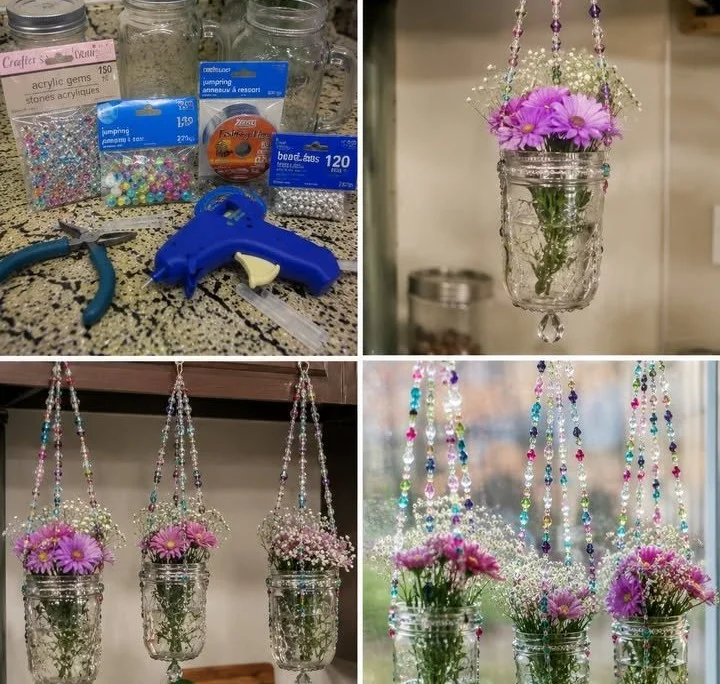 DIY beaded hanging mason jar planters for stylish home decoration and gardening.