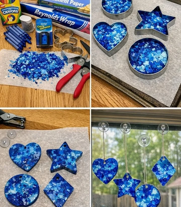 DIY blue crayon suncatchers hanging in a window