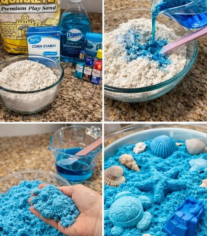DIY blue kinetic sand made at home for sensory activities