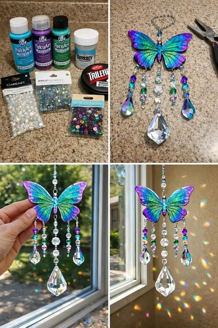 DIY butterfly crystal sun catcher reflecting sunlight in a window