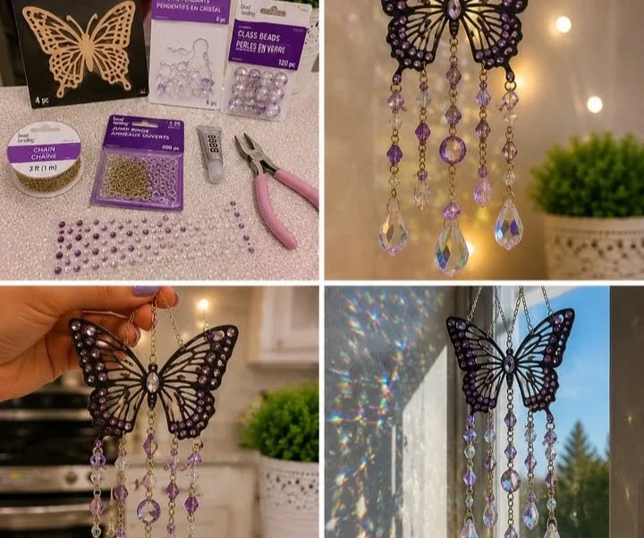 Colorful DIY butterfly crystal suncatcher reflecting sunlight