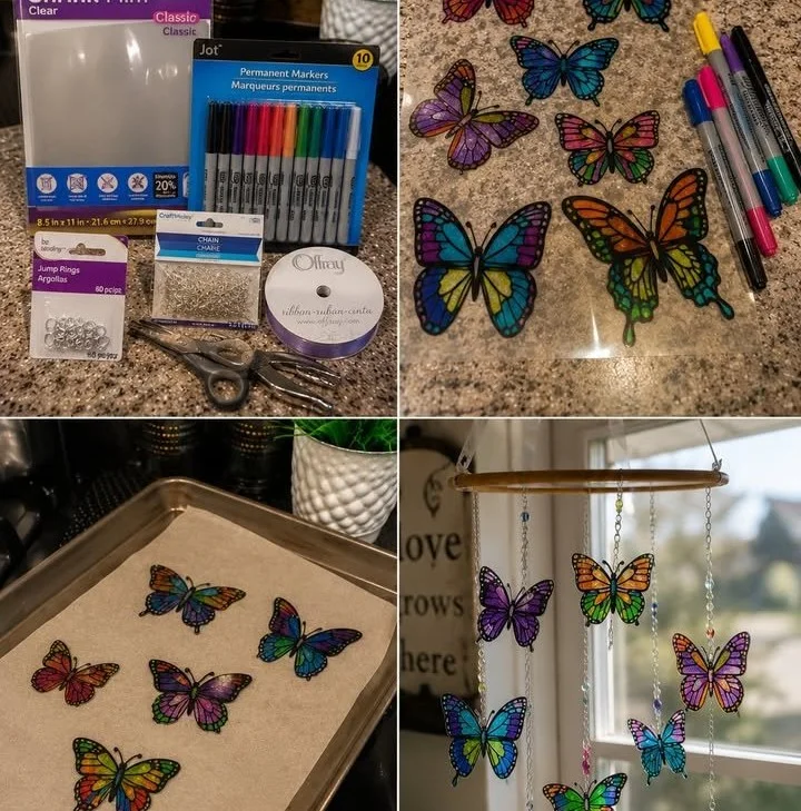 DIY butterfly sun catchers adorned with colorful designs hanging in sunlight.