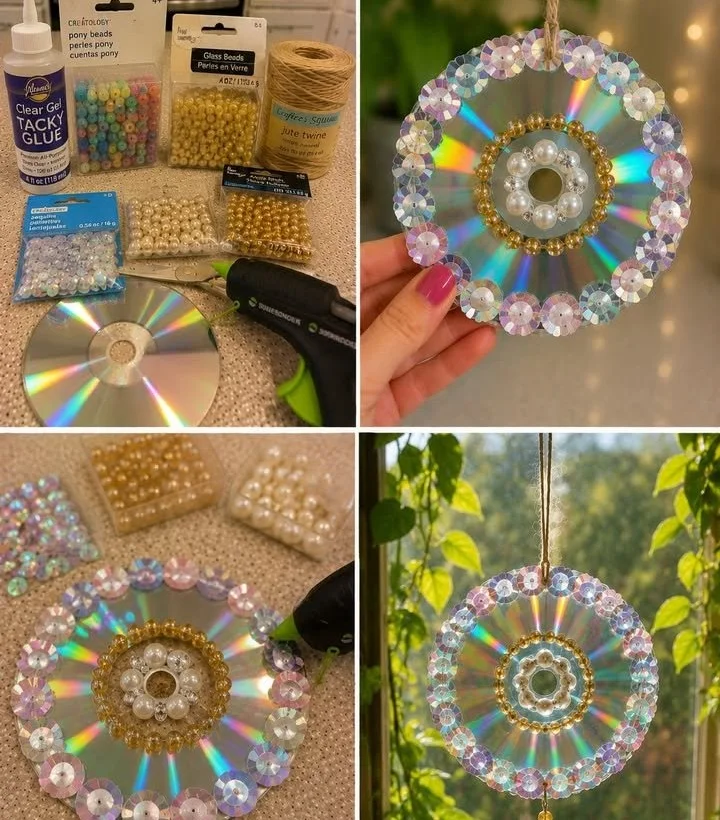 DIY CD and bead sun catcher ornament in sunlight, showcasing vibrant colors.