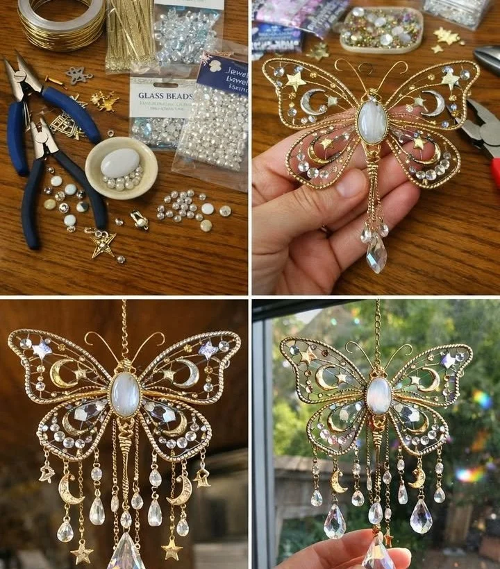DIY celestial butterfly sun catcher catching sunlight in vibrant colors
