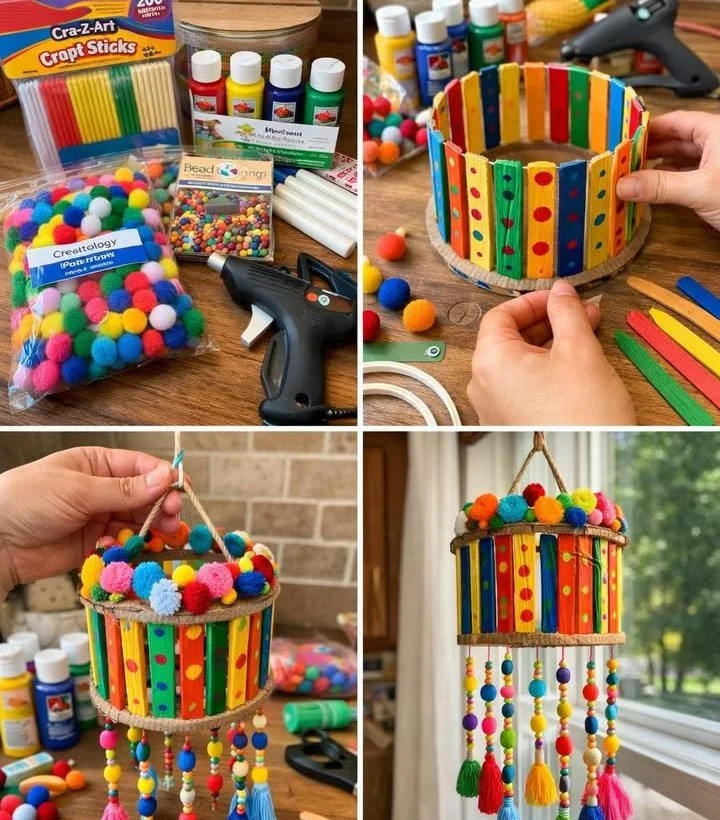 DIY lantern pendant made from colorful sticks and tassels