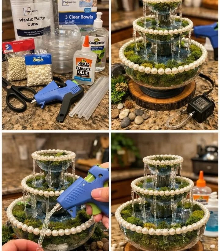 DIY decorative mini fountain made from recycled plastic and craft materials.