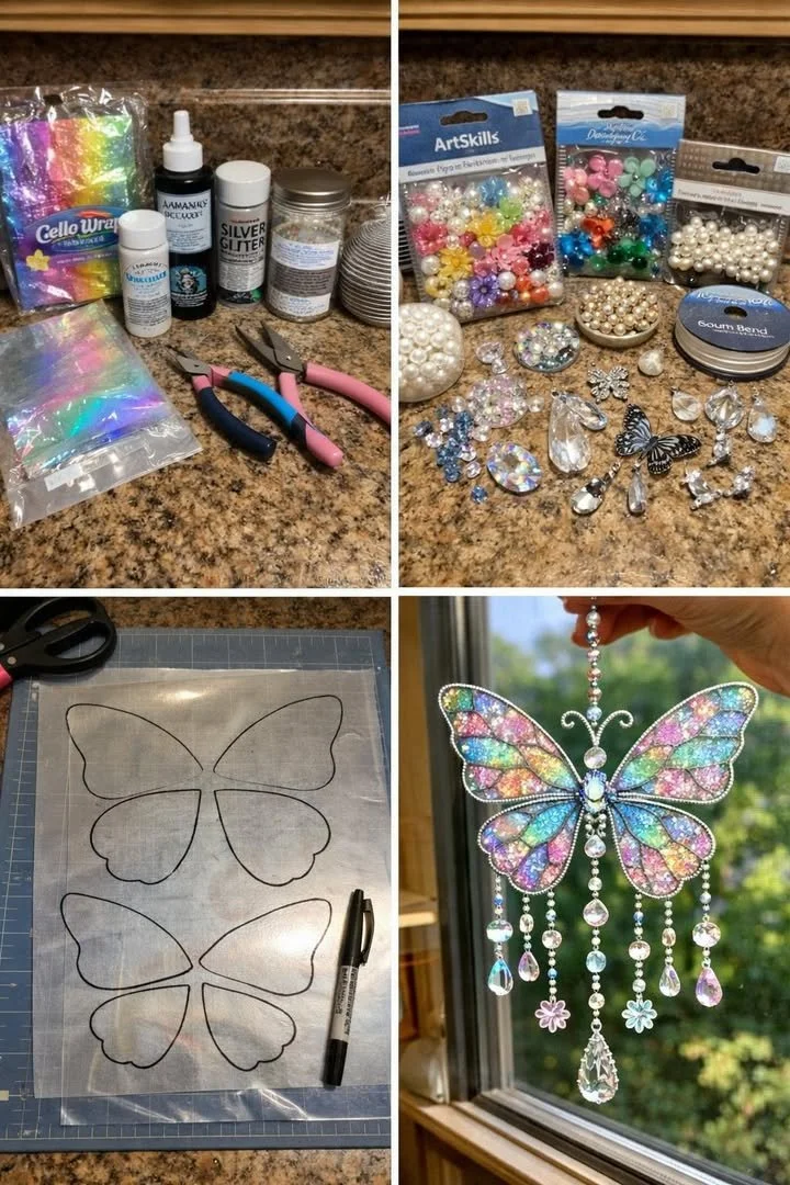 DIY fairy butterfly sun catcher made with colorful materials