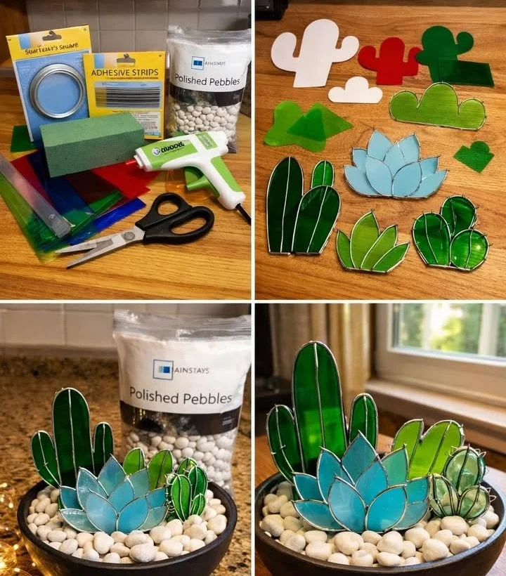DIY faux stained glass succulent garden with colorful plants in sunlight