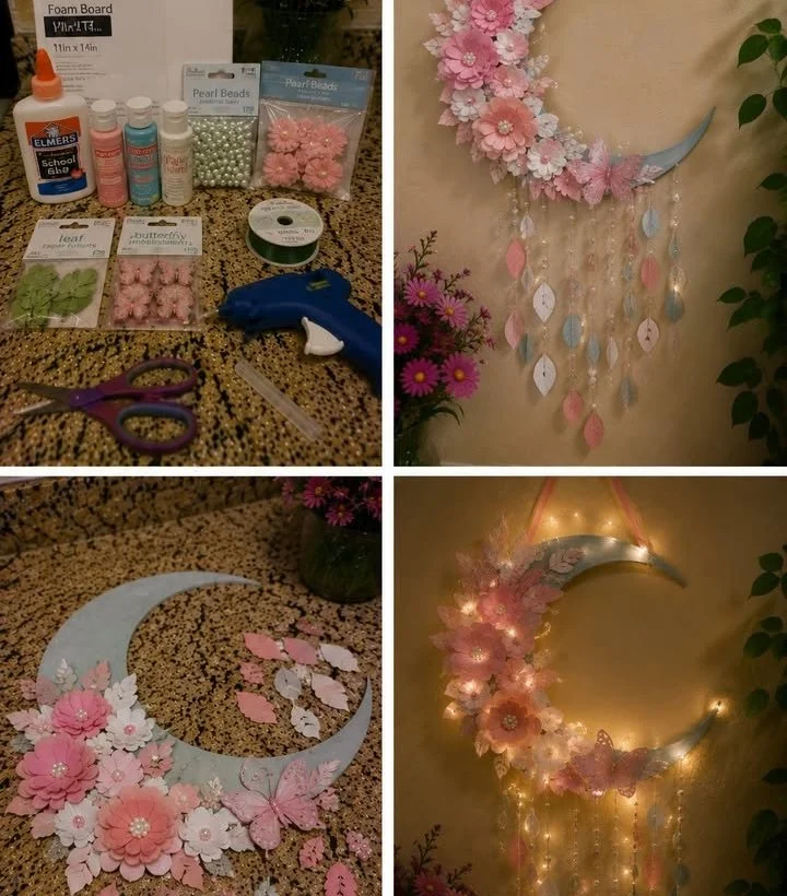 DIY floral crescent moon wall hanging decoration with vibrant flowers.