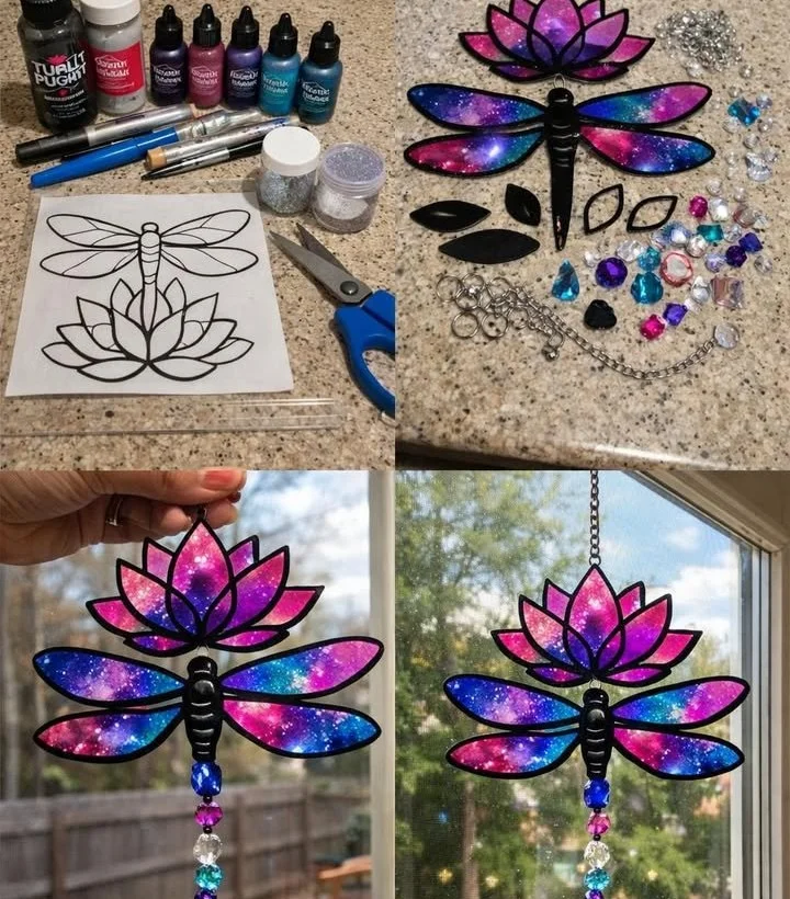 DIY Galaxy Dragonfly Lotus Suncatcher made with colorful materials