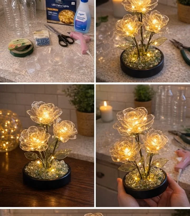 DIY glowing flower lamp illuminating a cozy room