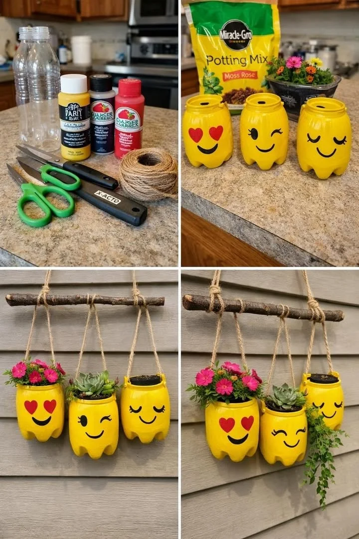 DIY hanging bottle face planters with unique designs and vibrant plants