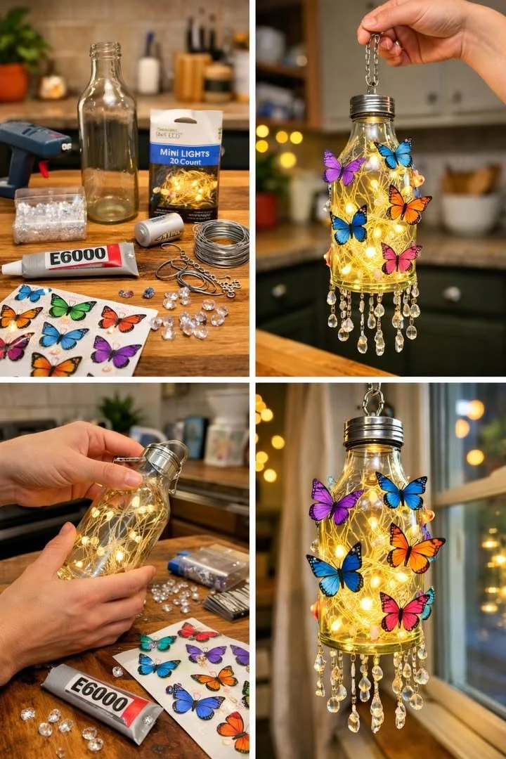 DIY hanging bottle lamp with butterflies for home decor