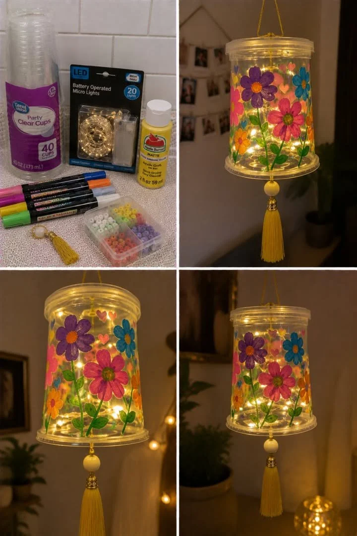 Colorful DIY hanging lamp made from a plastic cup