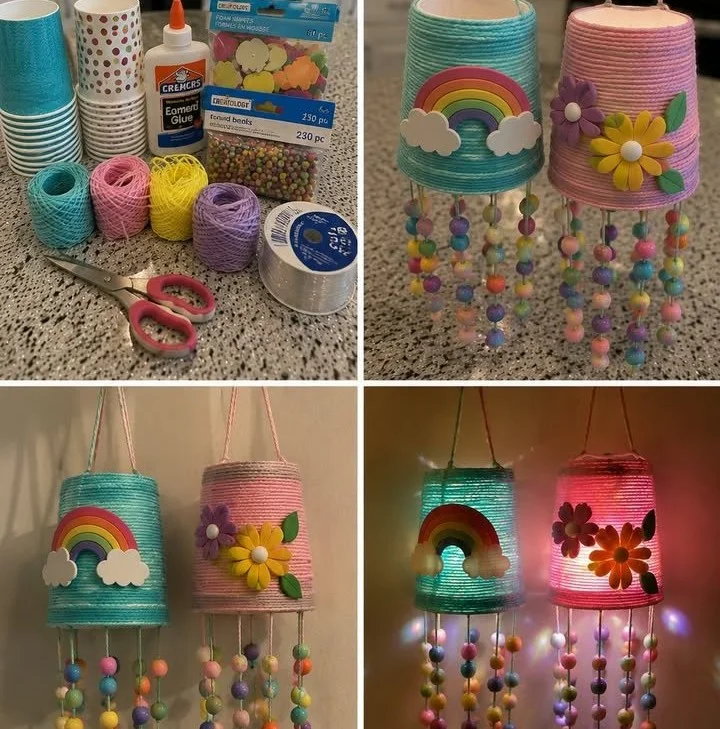 Colorful DIY hanging lantern-style decorations for home decor.