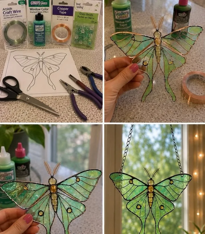 Colorful DIY Luna Moth Suncatcher made of stained glass
